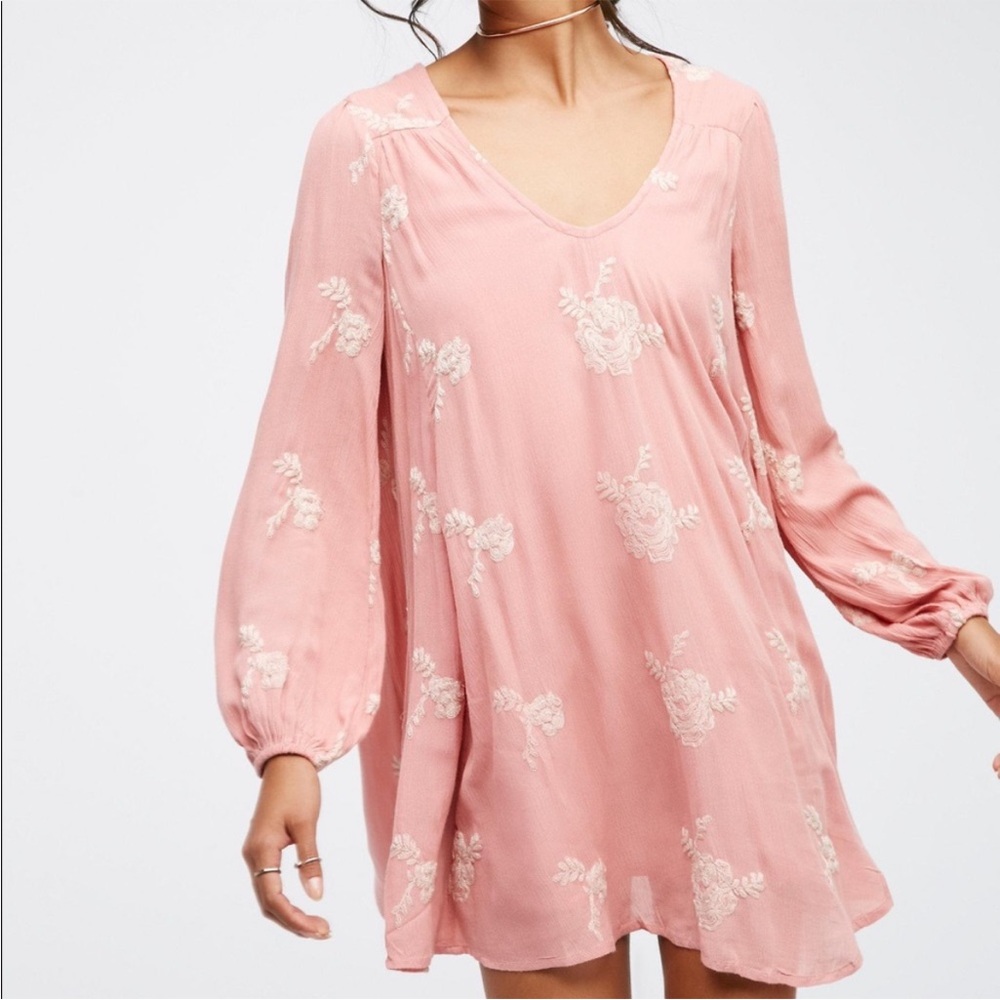 Altar’d State Small Pink Embroidered Floral Tunic Mini Dress